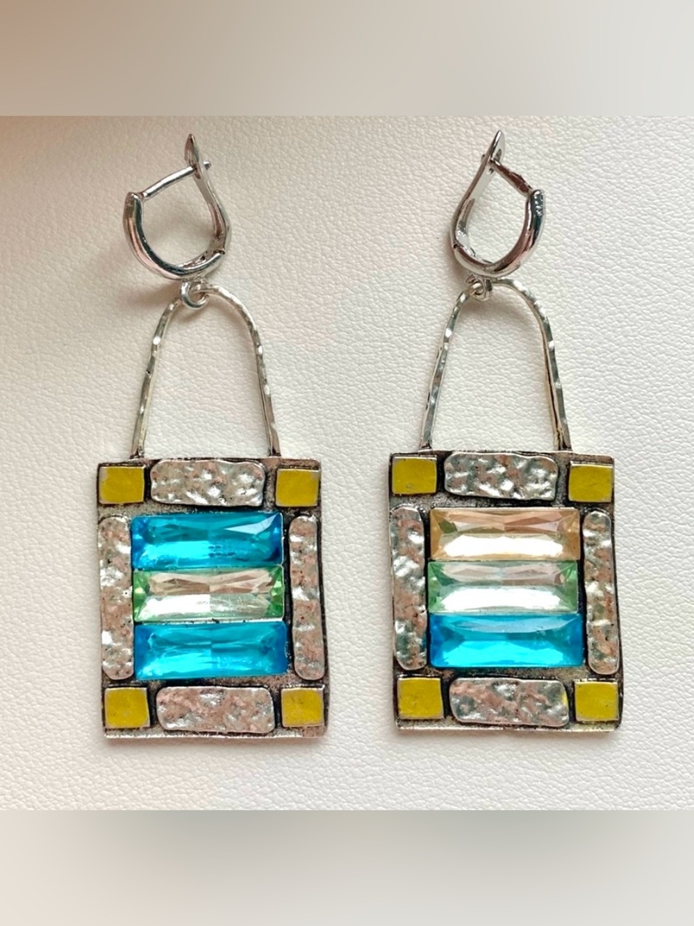 Stained glass style earrings with blue and green rhinestones stones